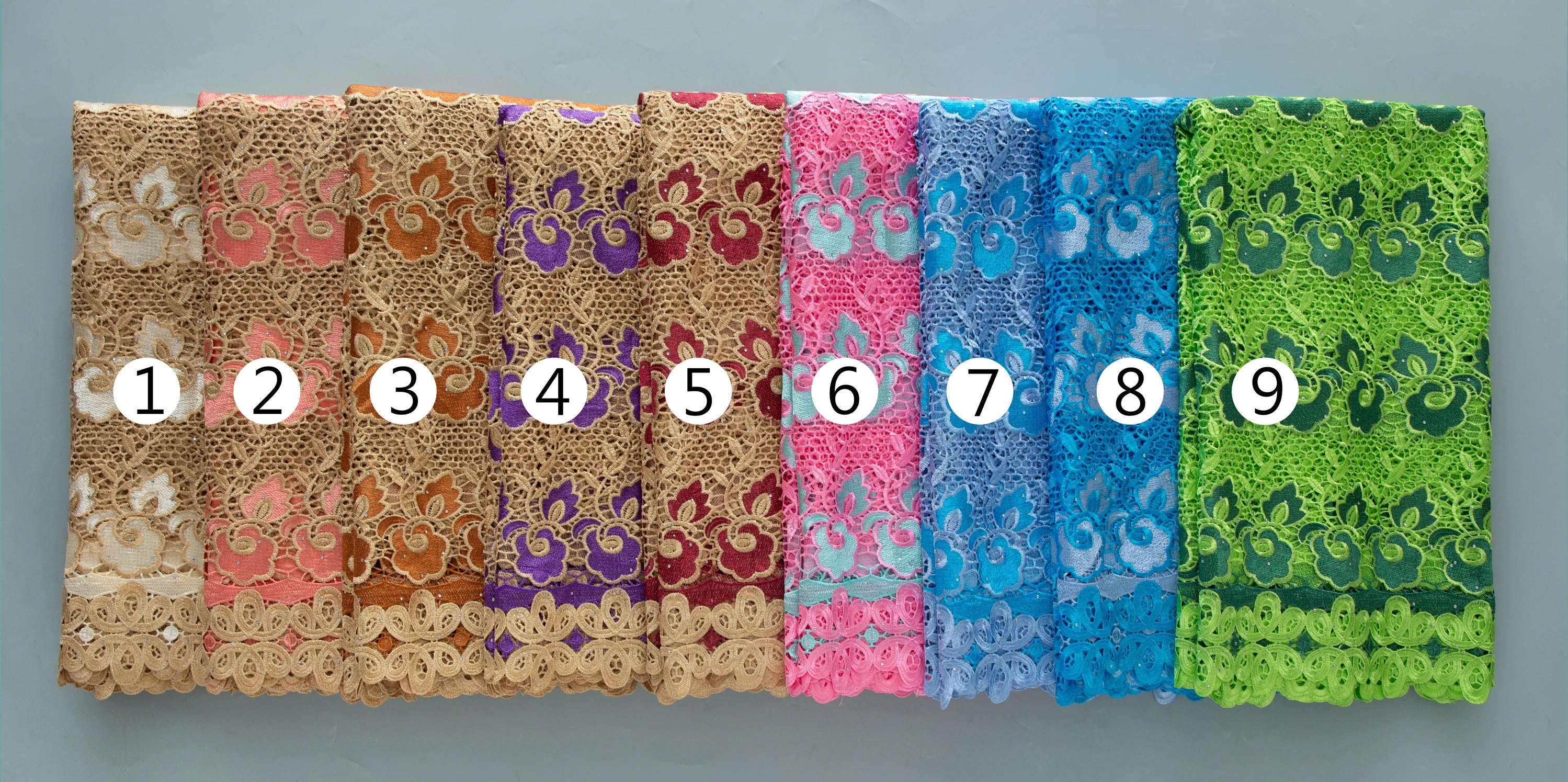5 Yards of Nigerian African Guipure Water Soluble Embroidery Lace with Stones 
.Available in a variety of  (9) colors/designs.