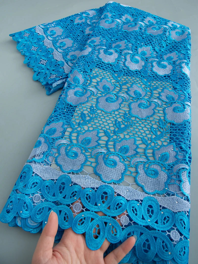 5 Yards of Nigerian African Guipure Water Soluble Embroidery Lace with Stones 
.Available in a variety of  (9) colors/designs.