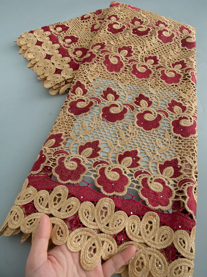 5 Yards of Nigerian African Guipure Water Soluble Embroidery Lace with Stones 
.Available in a variety of  (9) colors/designs.