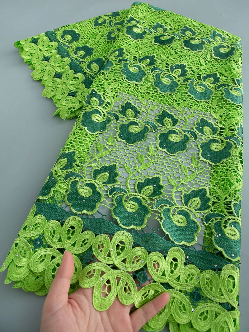 5 Yards of Nigerian African Guipure Water Soluble Embroidery Lace with Stones 
.Available in a variety of  (9) colors/designs.