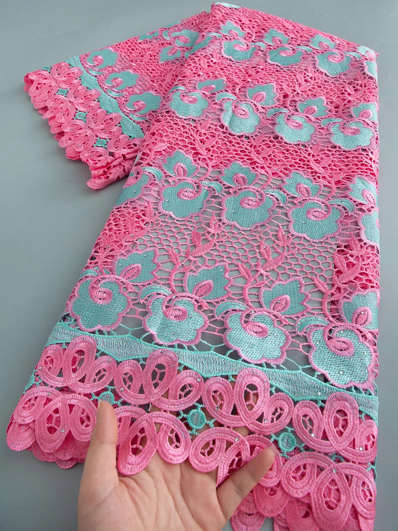 5 Yards of Nigerian African Guipure Water Soluble Embroidery Lace with Stones 
.Available in a variety of  (9) colors/designs.