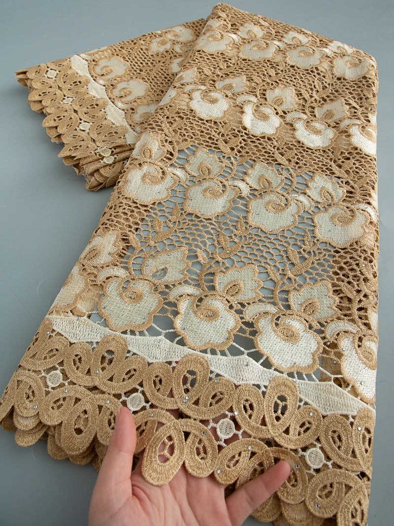 5 Yards of Nigerian African Guipure Water Soluble Embroidery Lace with Stones 
.Available in a variety of  (9) colors/designs.