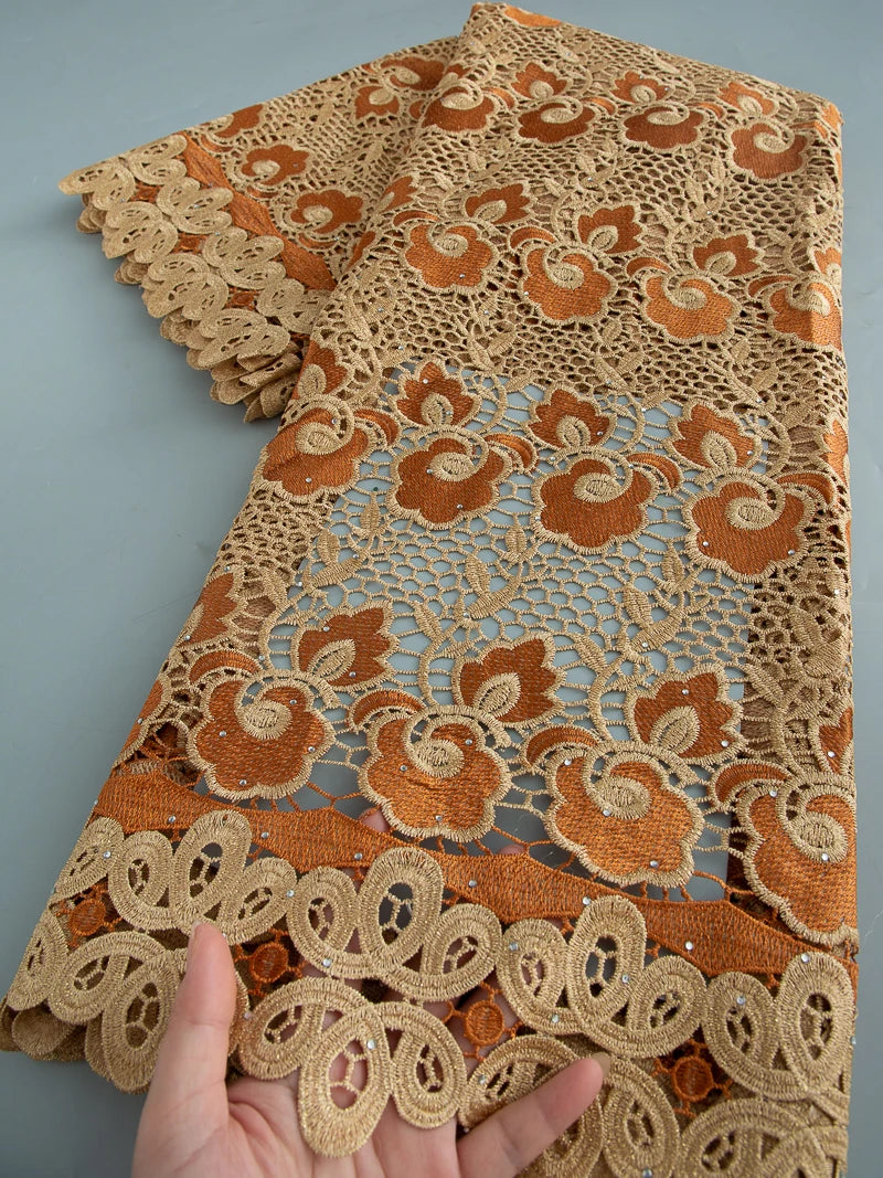 5 Yards of Nigerian African Guipure Water Soluble Embroidery Lace with Stones 
.Available in a variety of  (9) colors/designs.