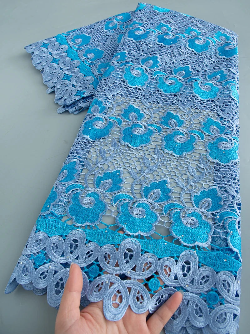 5 Yards of Nigerian African Guipure Water Soluble Embroidery Lace with Stones 
.Available in a variety of  (9) colors/designs.