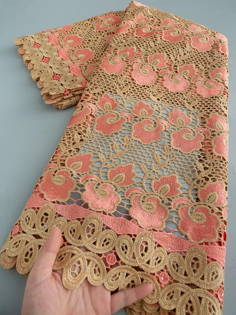 5 Yards of Nigerian African Guipure Water Soluble Embroidery Lace with Stones 
.Available in a variety of  (9) colors/designs.
