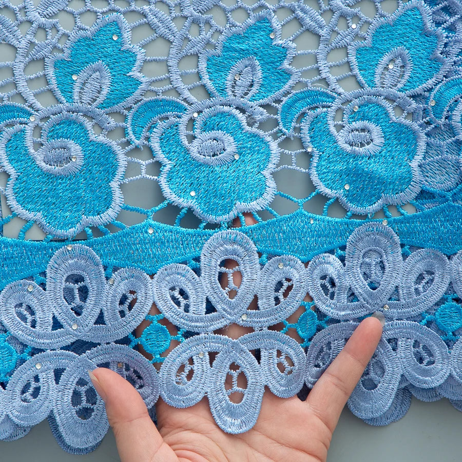 5 Yards of Nigerian African Guipure Water Soluble Embroidery Lace with Stones 
.Available in a variety of  (9) colors/designs.