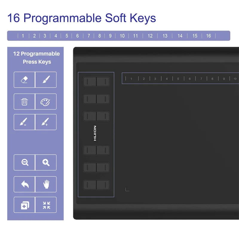 Graphics Drawing Tablet  Battery-Free Stylus and 12 Customized Hot Keys,