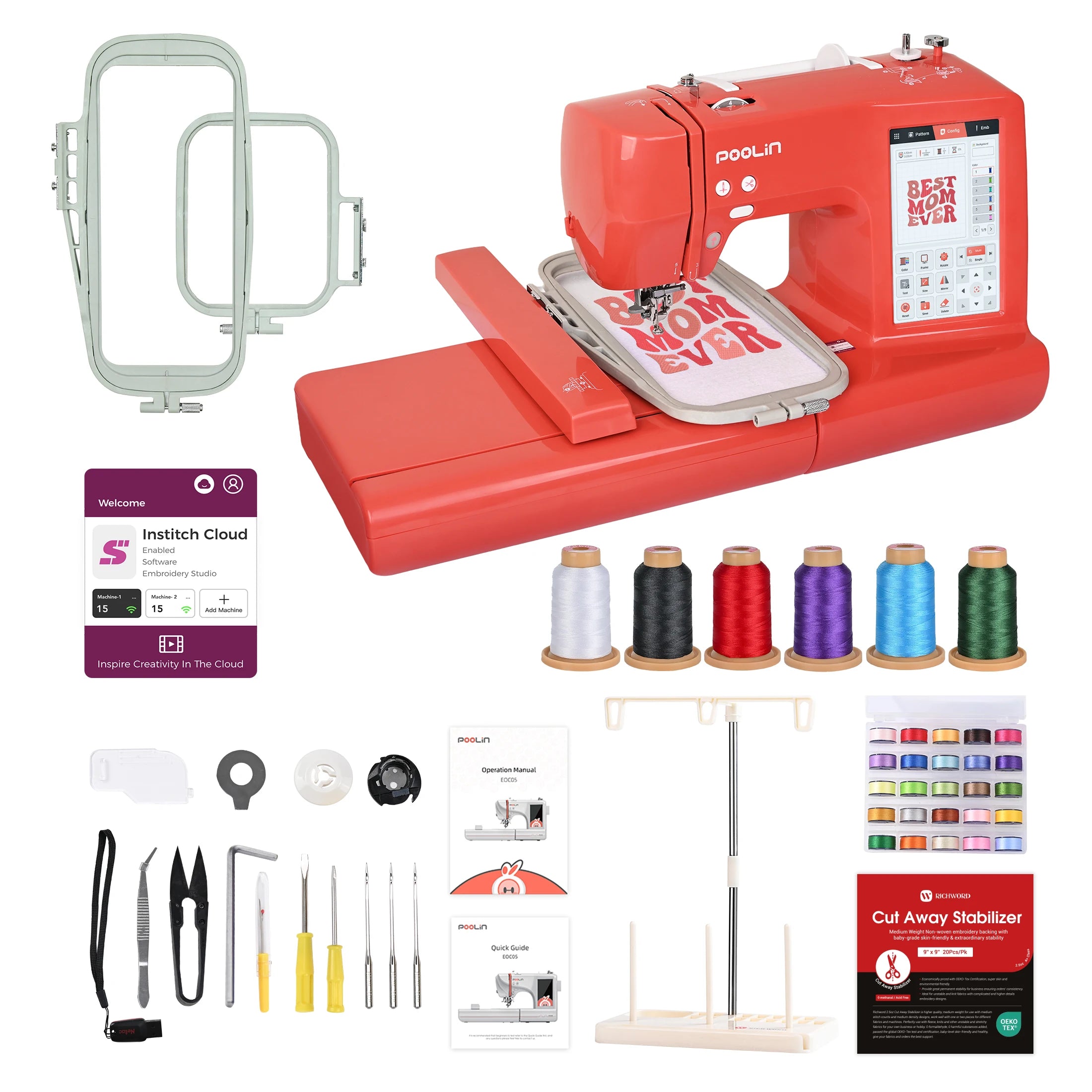 Computerized Embroidery Machine Including Thread & Tear Away Stabilizer & Bobbin