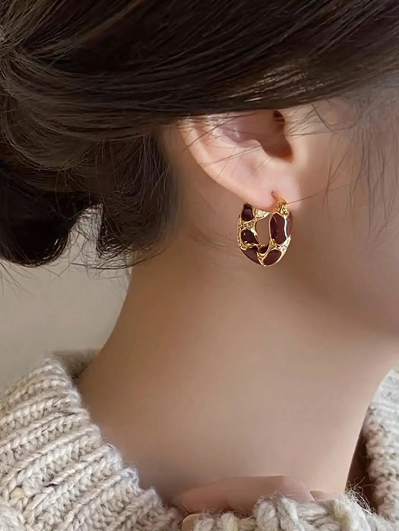 Gold-Tone Hoop Earrings with Burgundy Resin Inlay and Crystal Accents
