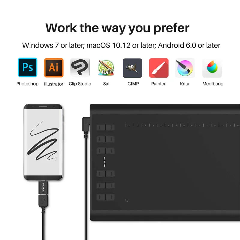 Graphics Drawing Tablet  Battery-Free Stylus and 12 Customized Hot Keys,