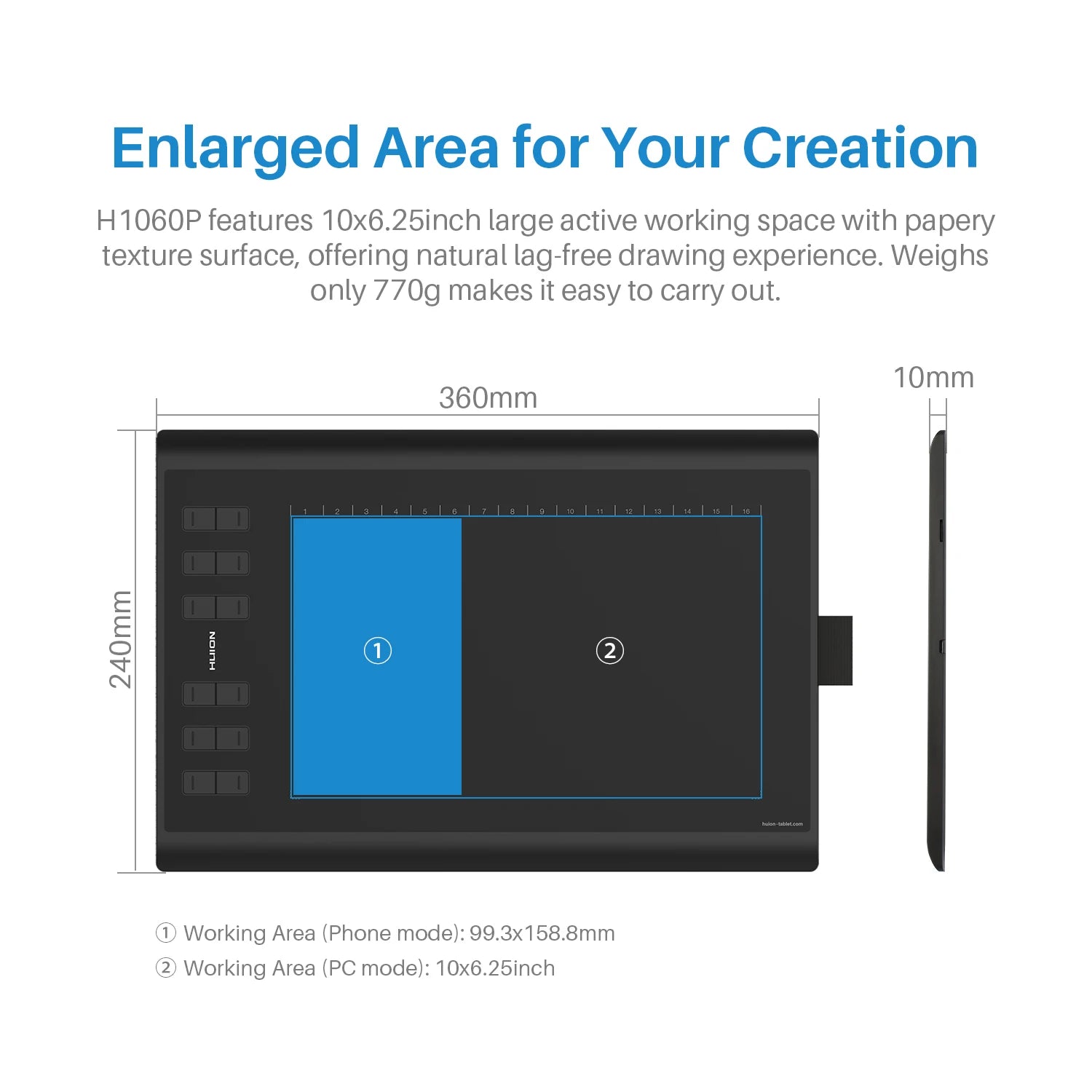 Graphics Drawing Tablet  Battery-Free Stylus and 12 Customized Hot Keys,