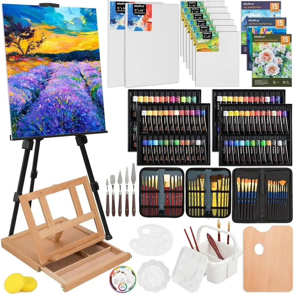 Art Painting Kit with Metal and Easel, Acrylic, Oil & Watercolor with Paint   Brushes, Canvas & Palet