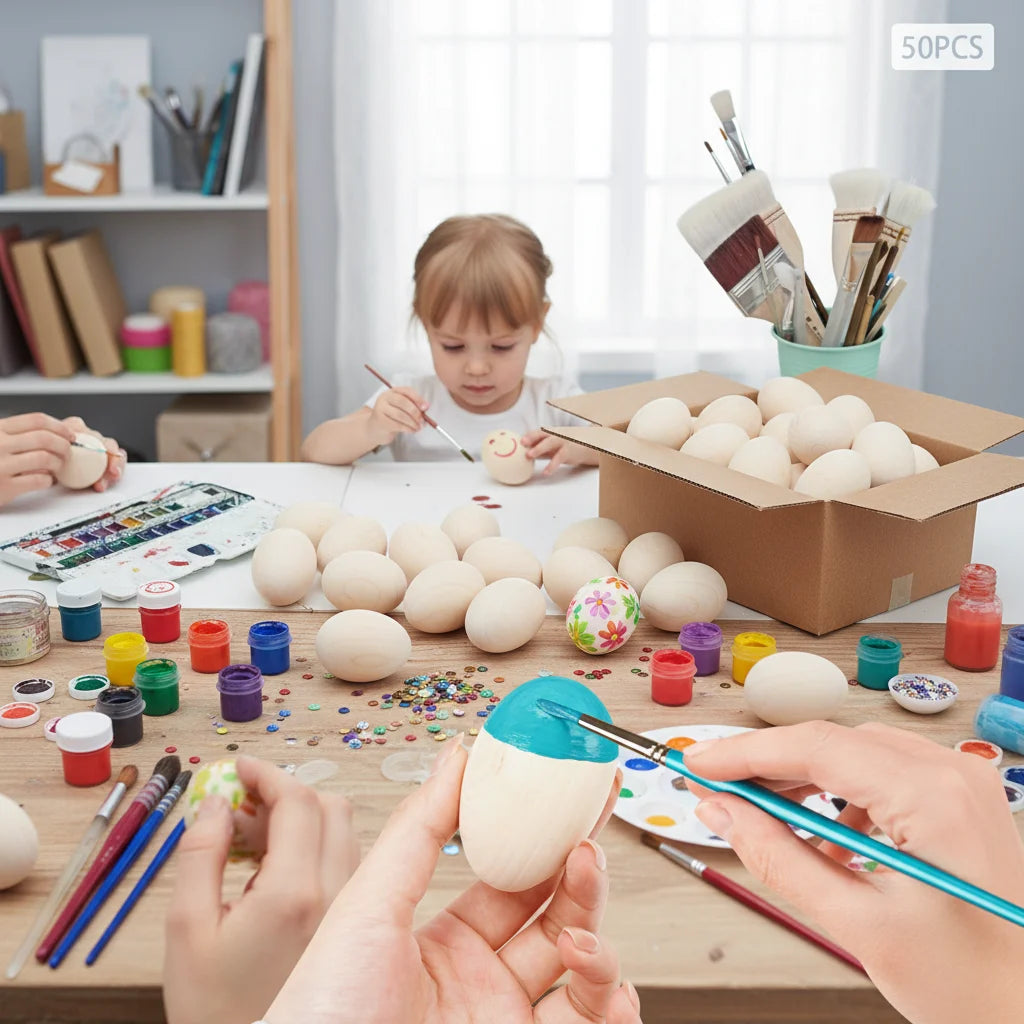 DIY Craft Painting Set of 50  Smooth Natural Wooden Easter Eggs for Holiday Decorating & Creative Kids Activities