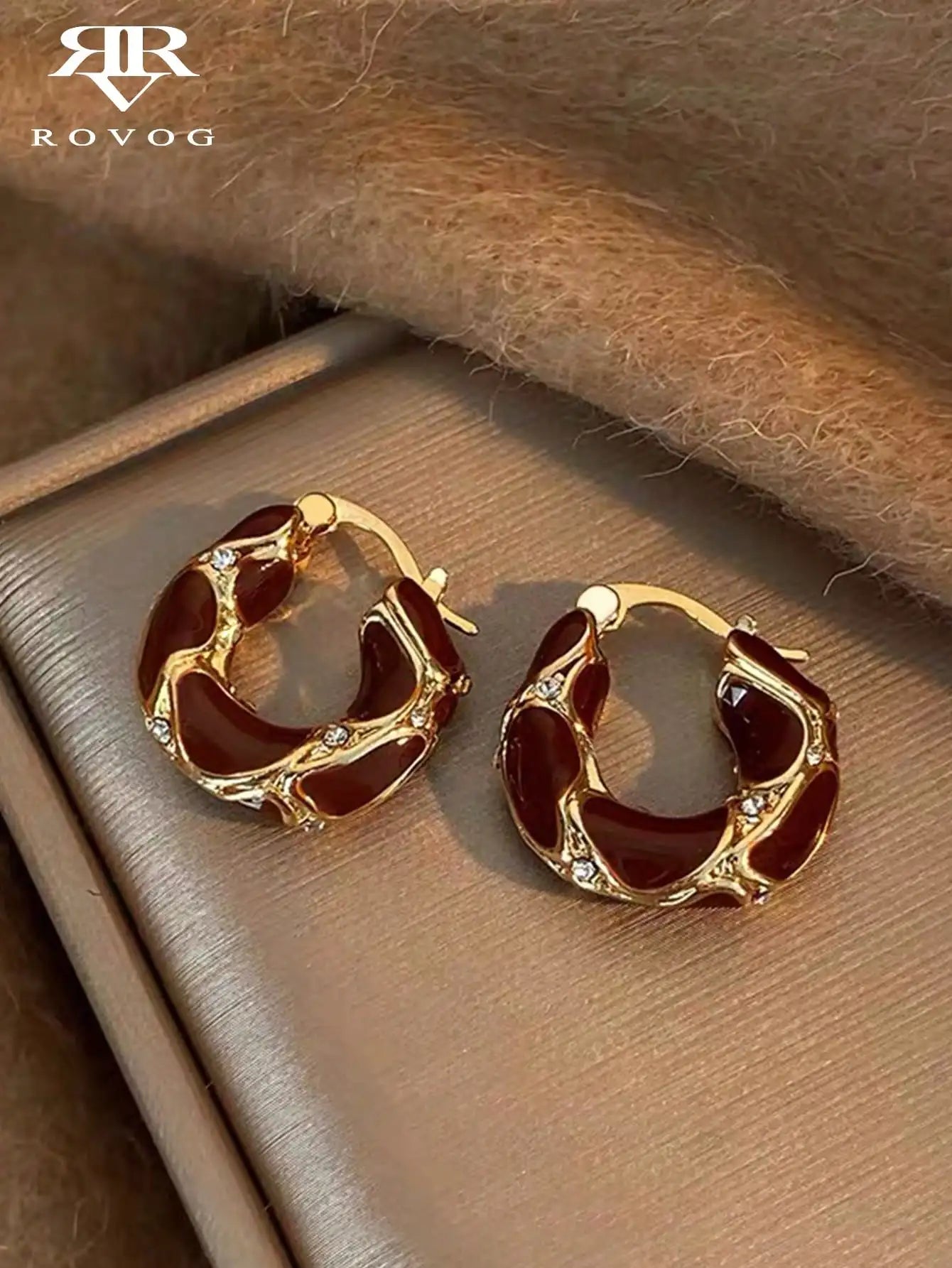 Gold-Tone Hoop Earrings with Burgundy Resin Inlay and Crystal Accents