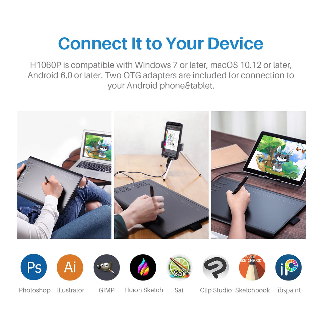 Graphics Drawing Tablet  Battery-Free Stylus and 12 Customized Hot Keys,
