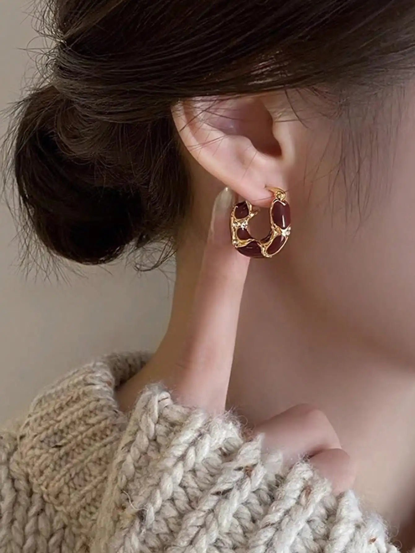 Gold-Tone Hoop Earrings with Burgundy Resin Inlay and Crystal Accents