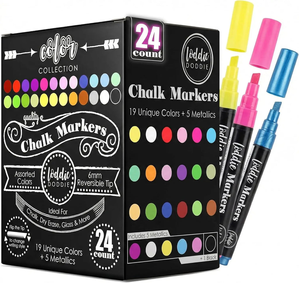 24-Pack Liquid Chalk Markers with Reversible Tips for Glass, Windows & Blackboards - Non-Toxic Art Pens