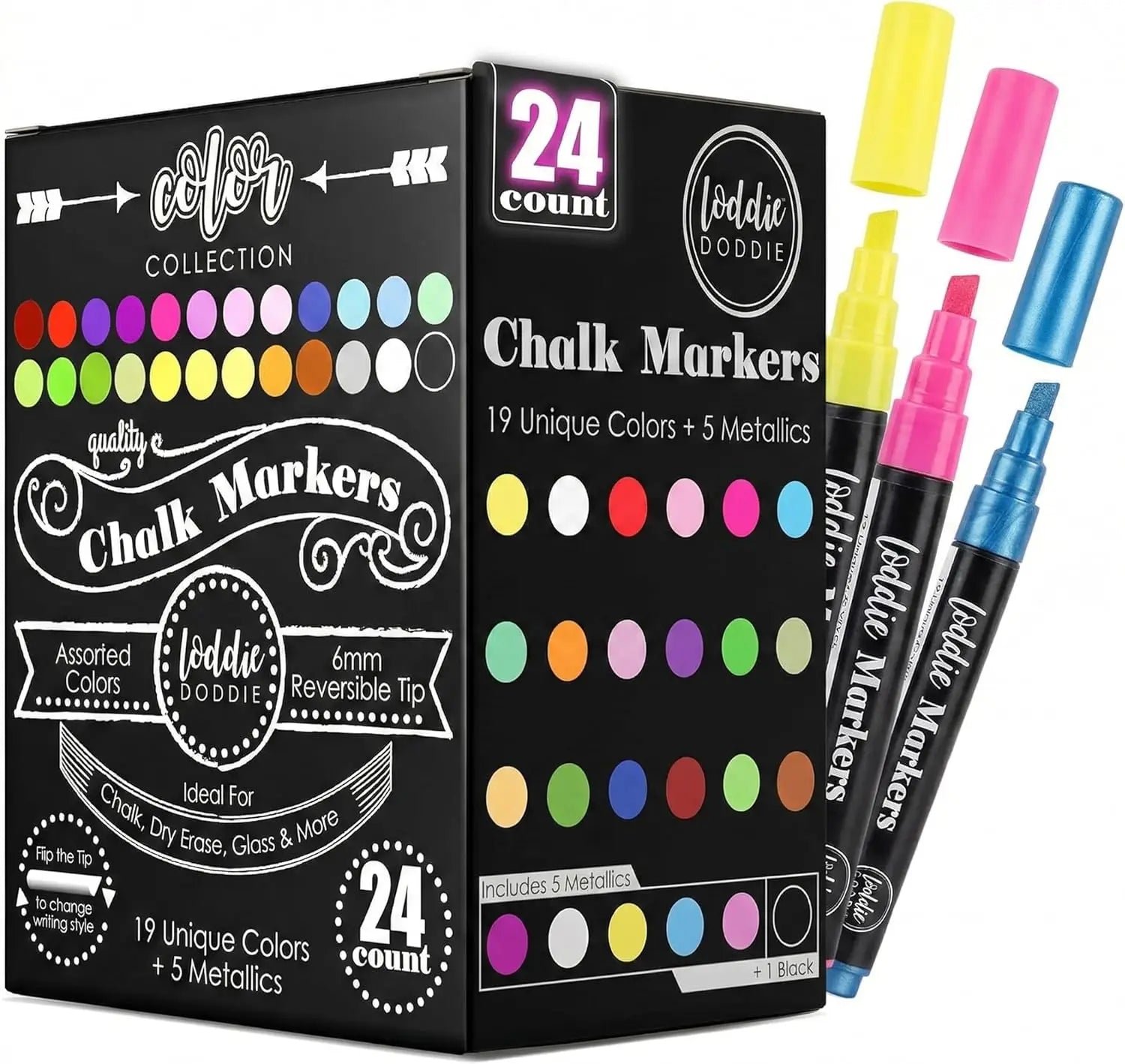 24-Pack Liquid Chalk Markers with Reversible Tips for Glass, Windows & Blackboards - Non-Toxic Art Pens