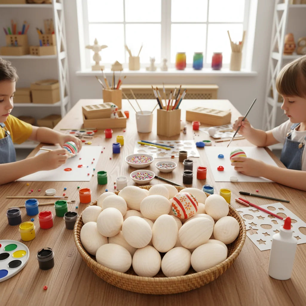 DIY Craft Painting Set of 50  Smooth Natural Wooden Easter Eggs for Holiday Decorating & Creative Kids Activities
