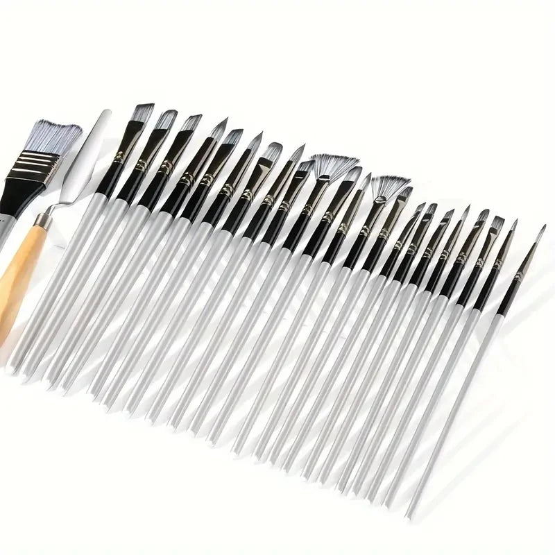 24-Piece Artist Paint Brush Set - Assorted Flat, Round, Fan & Detail Brushes