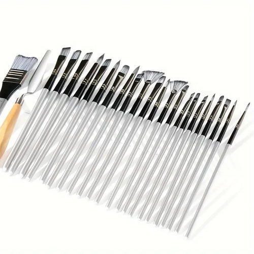 24-Piece Artist Paint Brush Set - Assorted Flat, Round, Fan & Detail Brushes