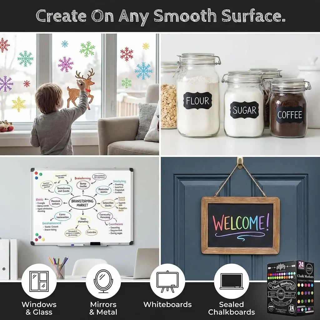 24-Pack Liquid Chalk Markers with Reversible Tips for Glass, Windows & Blackboards - Non-Toxic Art Pens