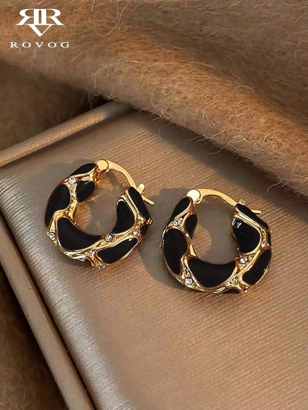 Gold-Tone Hoop Earrings with Burgundy Resin Inlay and Crystal Accents