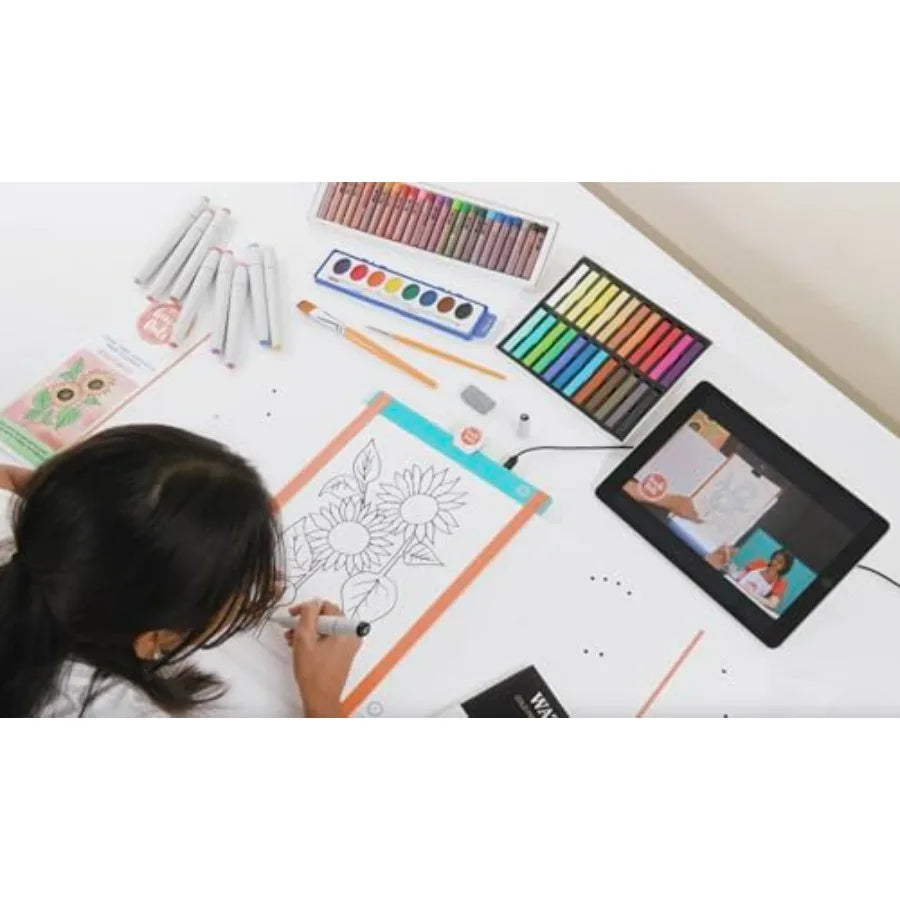 Kid's Drawing and Painting Art Kit, Light Up Bright Board, and Video with Instructions. Art Supplies, Markers, and Pastel Chalk as well.