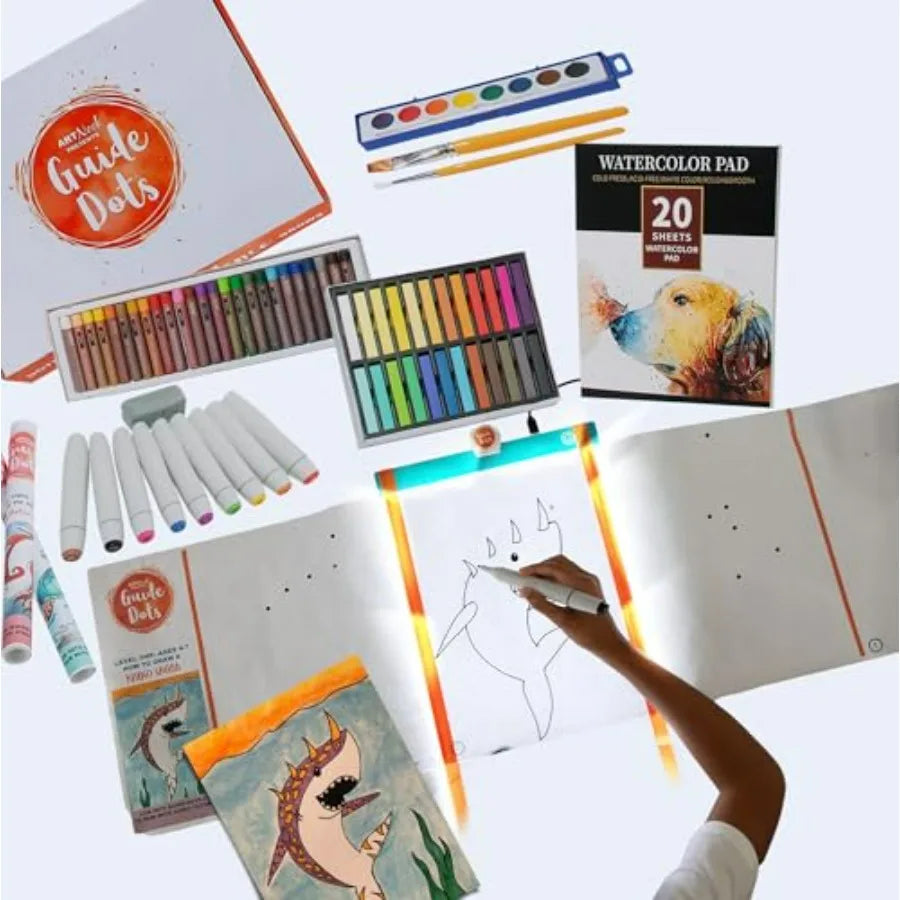 Kid's Drawing and Painting Art Kit, Light Up Bright Board, and Video with Instructions. Art Supplies, Markers, and Pastel Chalk as well.