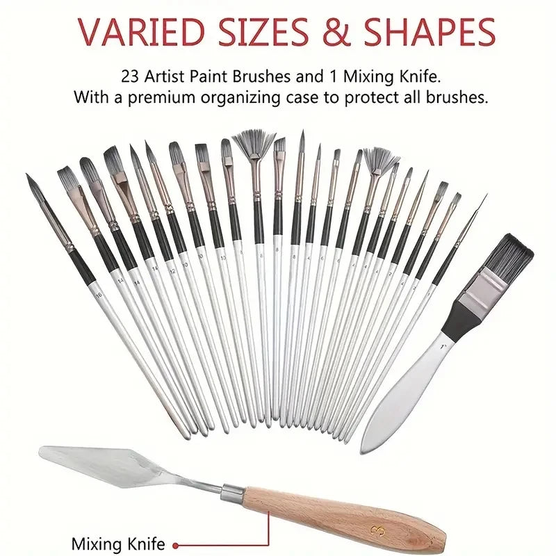 24-Piece Artist Paint Brush Set - Assorted Flat, Round, Fan & Detail Brushes