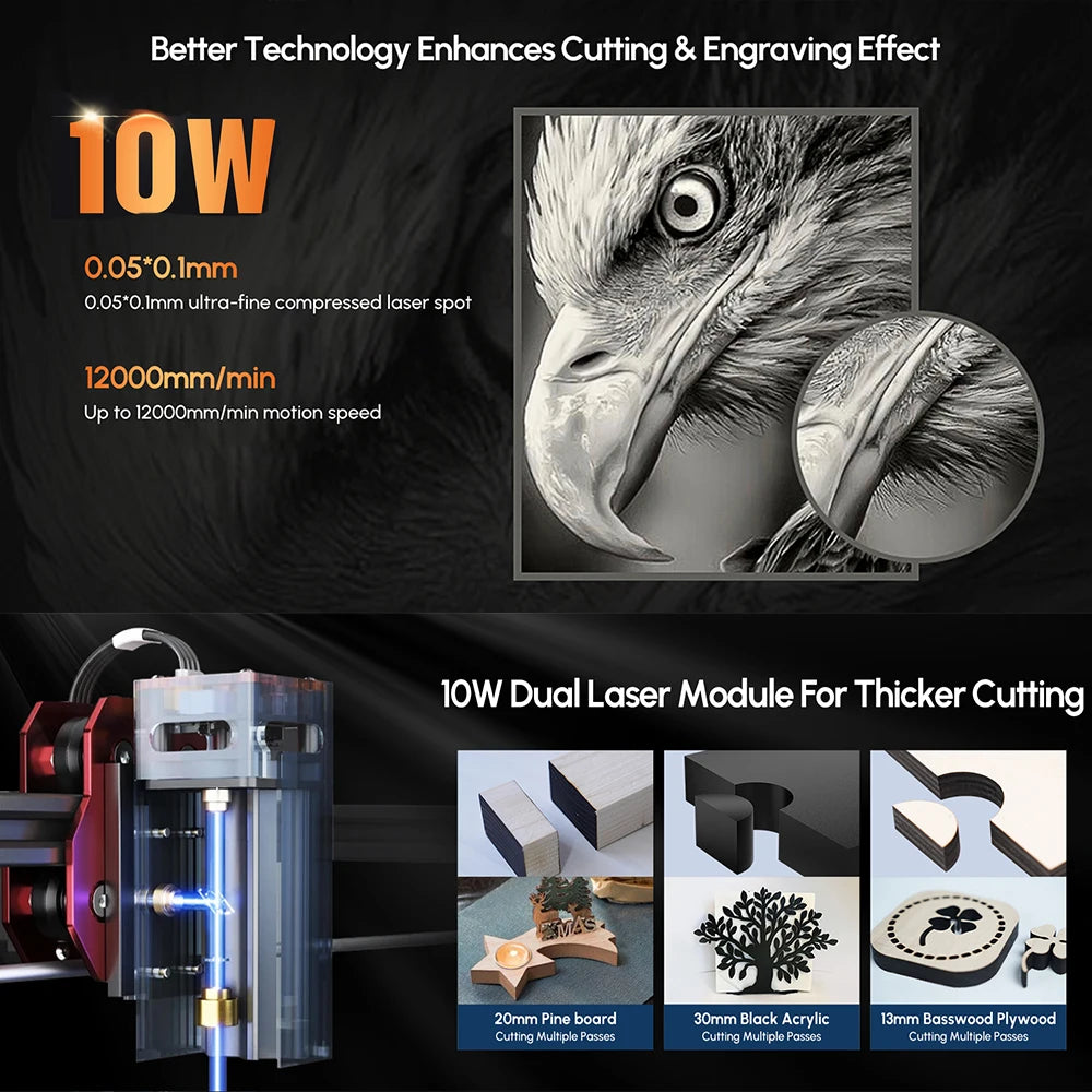 Metal & Wood Laser Cutter Engraver 3.5” Touch Scree Phone & WIFI