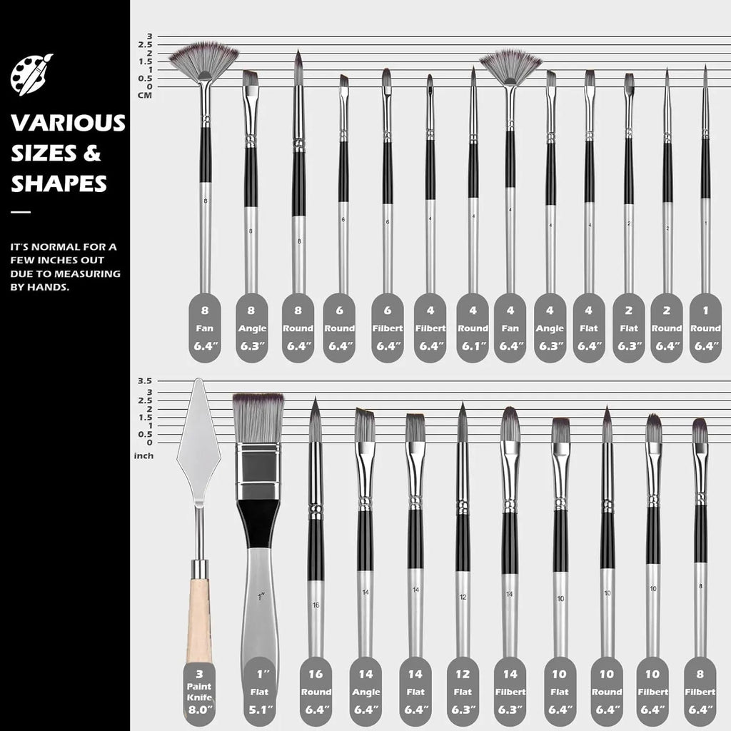 24-Piece Artist Paint Brush Set - Assorted Flat, Round, Fan & Detail Brushes