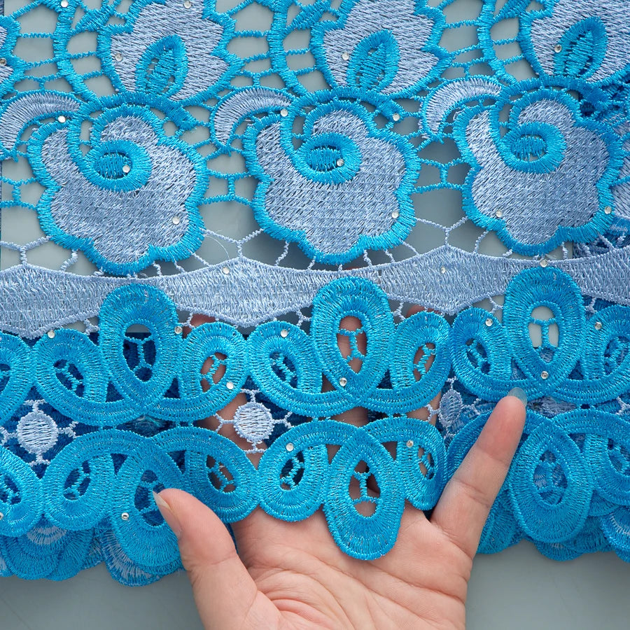 5 Yards of Nigerian African Guipure Water Soluble Embroidery Lace with Stones 
.Available in a variety of  (9) colors/designs.