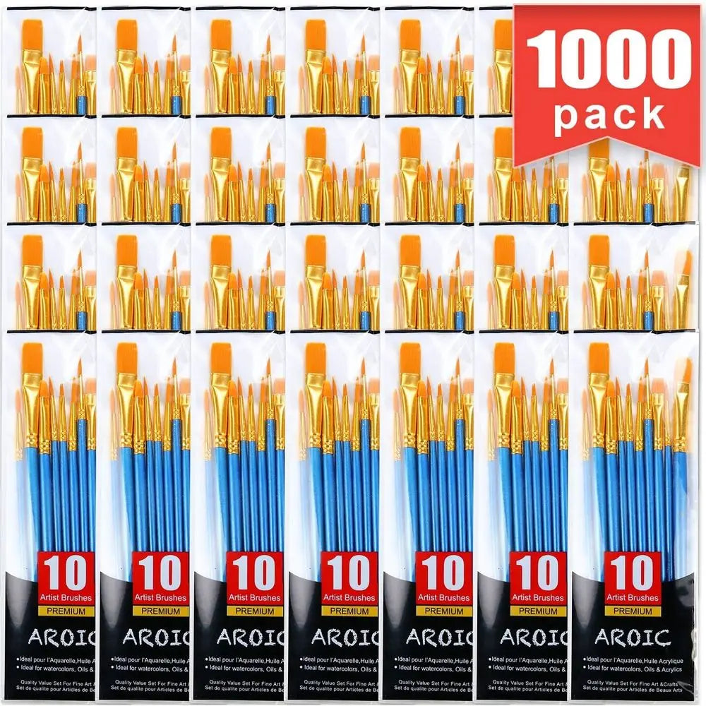 100 Packs / 1000 pcs Nylon Hair Brushes for All Purpose Oil Watercolor Painting Artist Professional Kits
