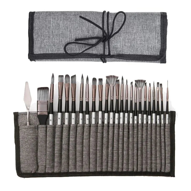 24-Piece Artist Paint Brush Set - Assorted Flat, Round, Fan & Detail Brushes