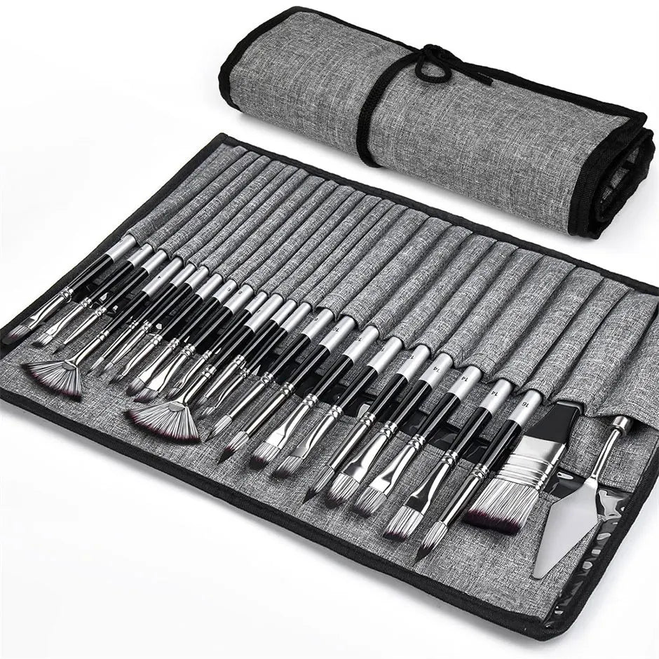 24-Piece Artist Paint Brush Set - Assorted Flat, Round, Fan & Detail Brushes